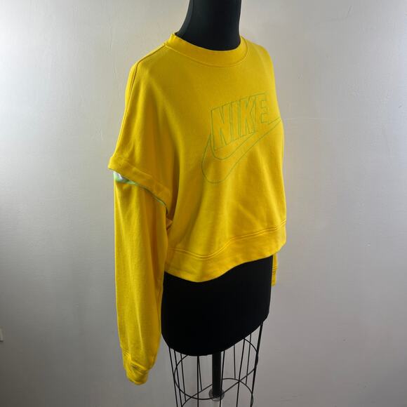 NIKE Yellow Green Cropped Sweatshirt Cotton Snap Detachable Sleeve Size Medium M - Picture 10 of 14